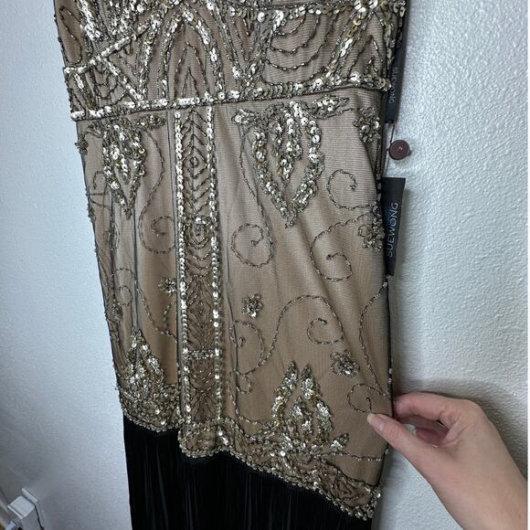 NWT Sue Wong Beaded Gold Mesh Top Black Fringe Bottom Evening Dress 8 - Picture 8 of 15